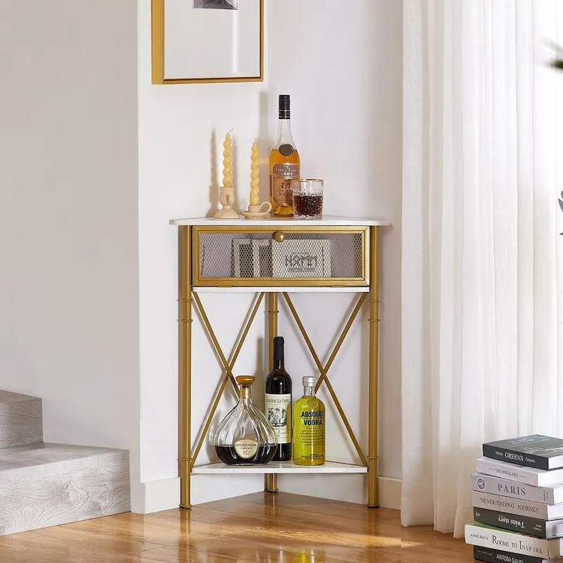 Corner Table with Drawer and Storage Shelf, Triangle Freestanding Floor Cabinet for Kitchen, Living Room and Bedroom