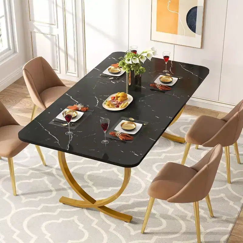 Lantine 63-Inch Rectangular Dining Table for 4, Modern Kitchen Table with Faux Marble Top and Metal Legs for Dining Room, Kitchen, Black & Gold