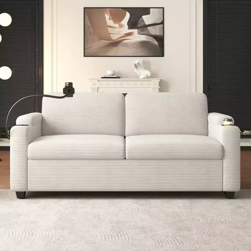 72.8" Corduroy Sleeper Loveseat with Mattress, USB Ports & Storage