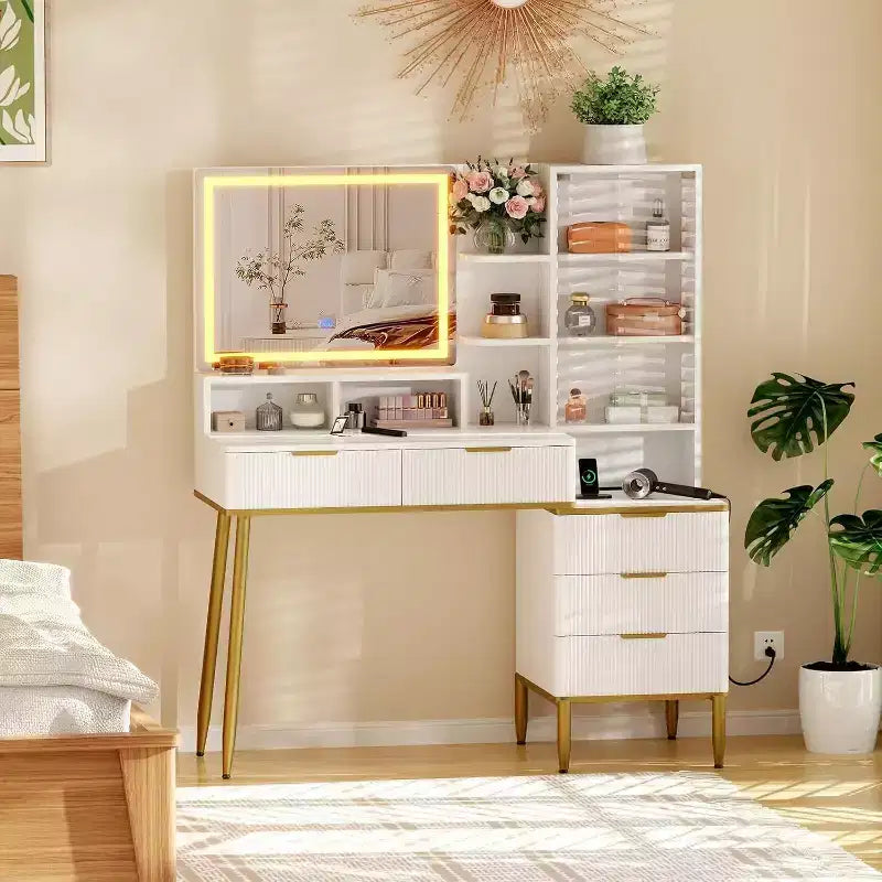 Fluted Makeup Vanity Desk with Lighted Mirror, Dressing Table with 5 Drawers, Vanity Desk with Mirror and Lights,Adjustable Brightness