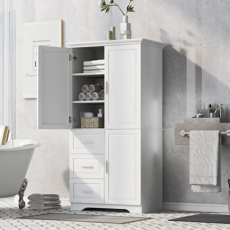 Tall Bathroom Storage Cabinet with Doors and Three Drawers