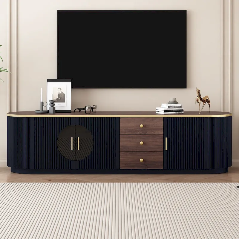 White Wood Grain TV Stand with 3 Drawers & Glass Doors, Fits up to 80
