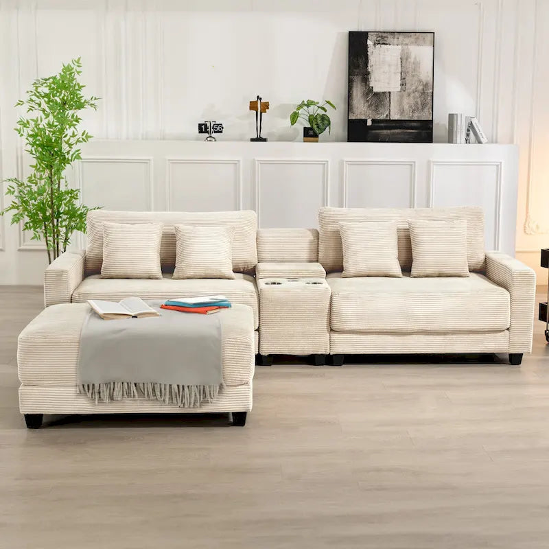 Oversized Corduroy Upholstered Sofa with a Removable Ottoman & 4 Pillows
