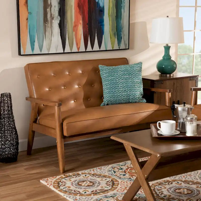 Tan Faux Leather and Walnut Finished Wood Loveseat