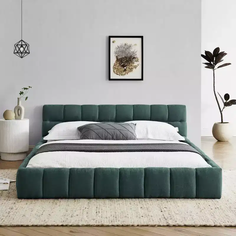 MAYEERTY Queen Size Upholstered Bed Frame with Thick Fabric with Headboard Solid Frame for Bedroom Blue