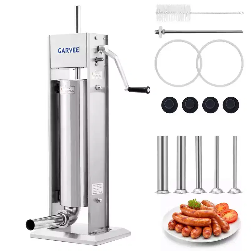 Sausage Stuffer - 304 Stainless Steel Manual Sausage Maker with 2-Speed Gear & Torque Adjustment - Includes 5 Filling Tubes & Cleaning Kit