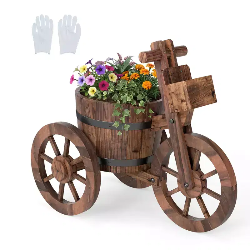 Costway Rustic Wood Tricycle Planter w/Barrel Pot & Storage Box for Patio Balcony Garden