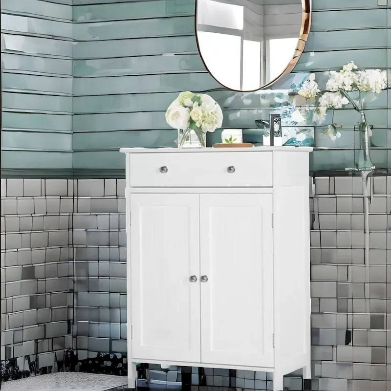 White MDF Bathroom Floor Cabinet with Drawer and Double Door Storage