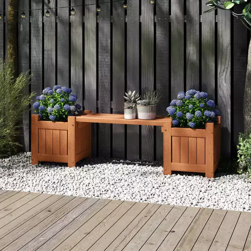 Costway Wood Planter Box with Bench Open-Ended Base & Teak Oil Finish for Flowerpots