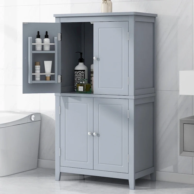 Freestanding Bathroom Storage Cabinet with 4 Doors and Adjustable Shelves