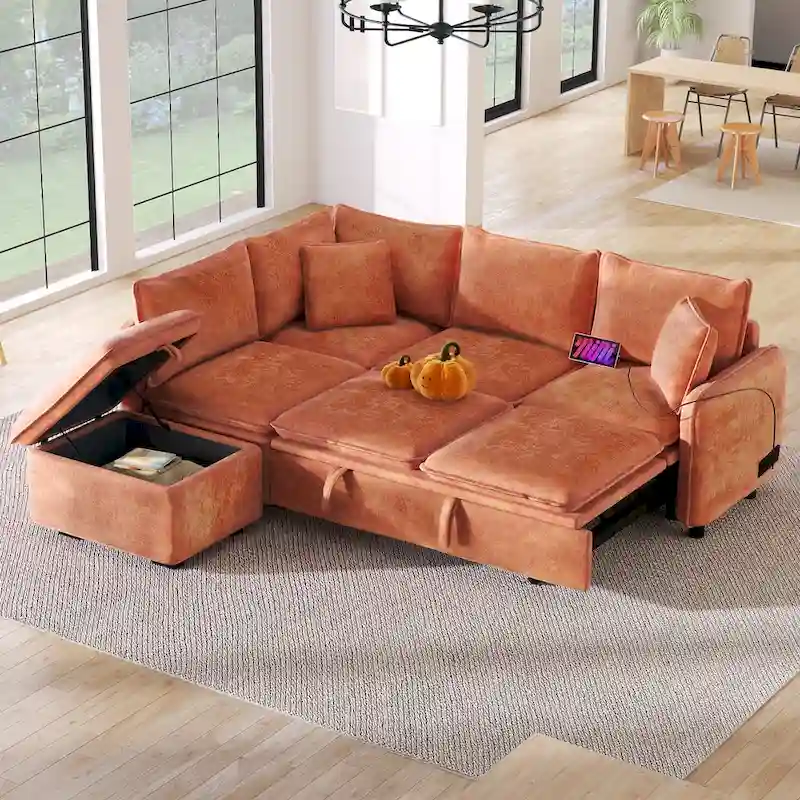 Convertible Sofa Bed Sectional Sofa Sleeper L-shaped SofaOttoman,Two Pillows, Power Sockets and USB , Orange