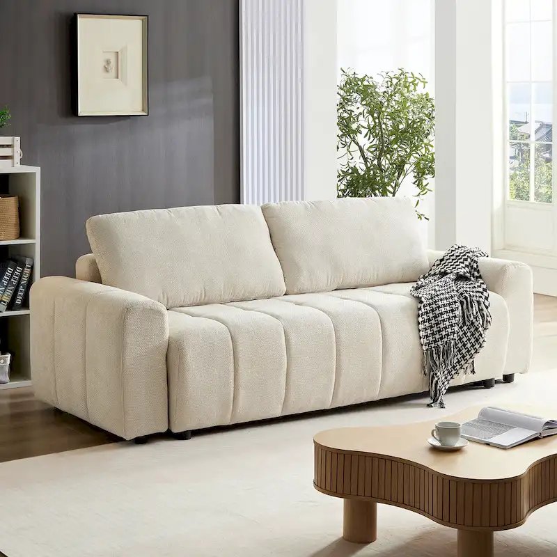 94.49 Sleeper Sofa Bed - 2-in-1 Pull-Out Couch with Storage Chaise, Cream Style for Living Room and Guest Room