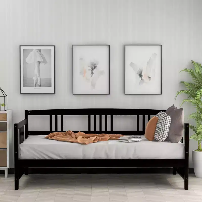 Modern Twin Size Solid Wood Daybed Frame with 3-Side Rails, 300 lb Capacity