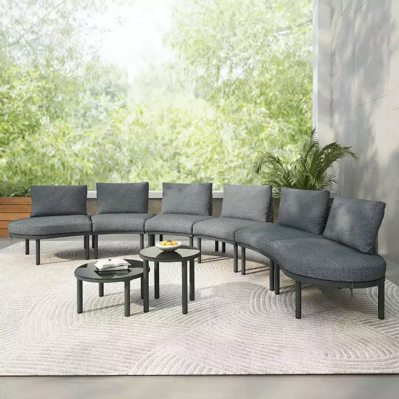 MAYEERTY 8 Pieces Patio Sofa Furniture Set, Half Moon Outdoor Sectional Sofa with 2 High-Low Coffee Tables 6 Pillows & Cushions Gray