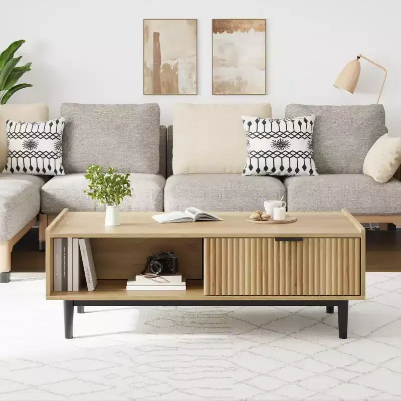 Mid-Century Modern Cocktail Table with Storage Drawer, Light Wood Grain Rectangle Living Room Center Table and Open Shelf