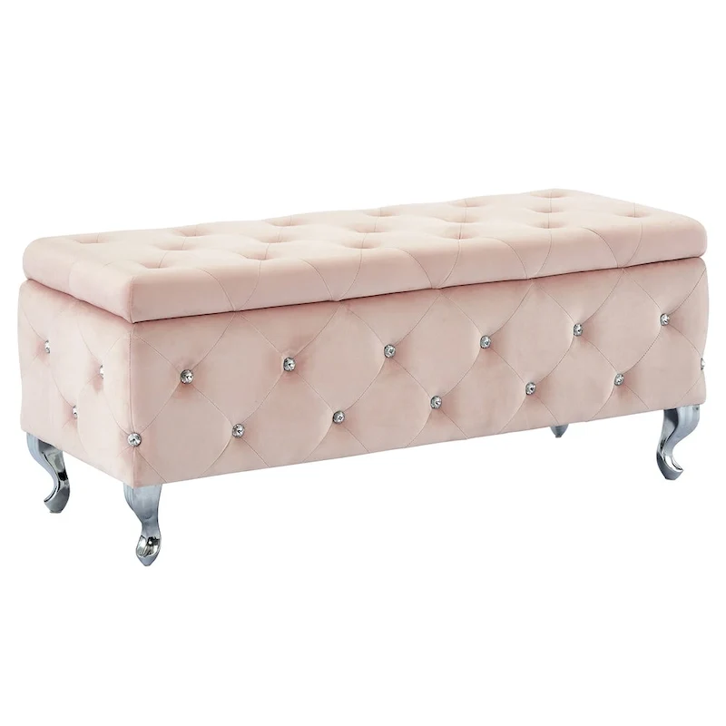 Monique-Velvet Storage Bench with Crystals, Blush