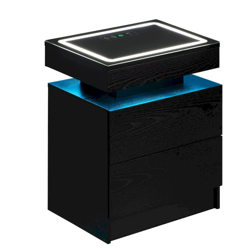 LED Nightstand with Charging Station, White/Black, Floating, 1-Person