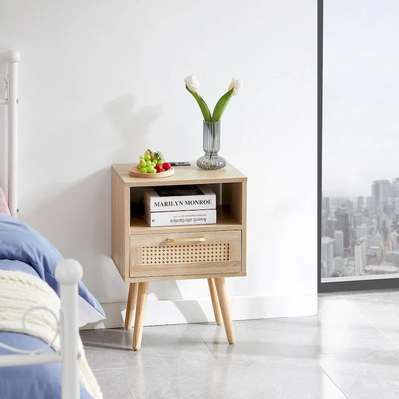 15.75Rattan End table with Power Outlet &USB PortsModern nightstand with drawer and solid wood legs,side table for living room