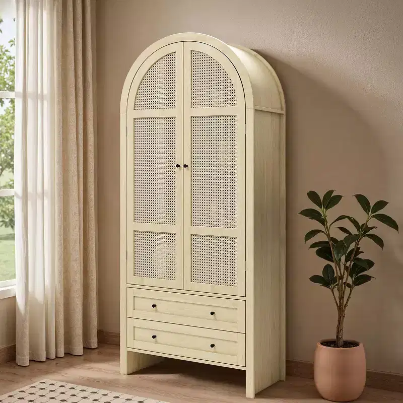 Natural Wood Tone, Arched Rattan Door Pantry Cabinet, 1-Person Assembly — 2 Drawers & 4 Shelves