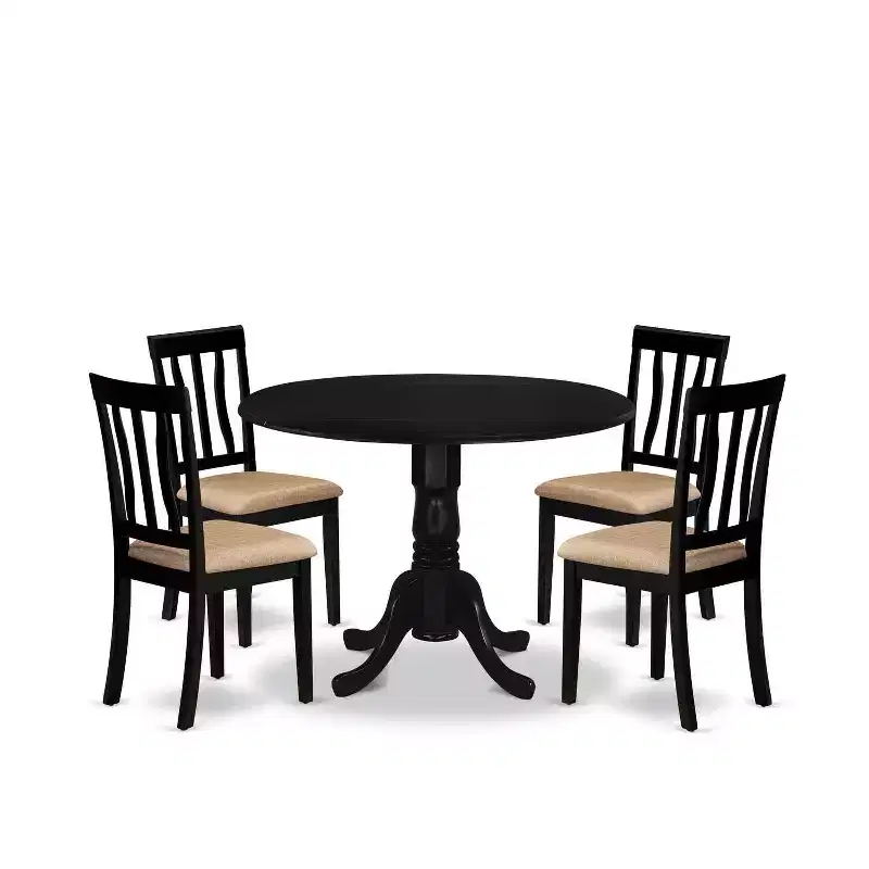 Dining Set - 5 Piece Round Table & 4 Linen Chairs - 42x42 Inch Black Kitchen Set