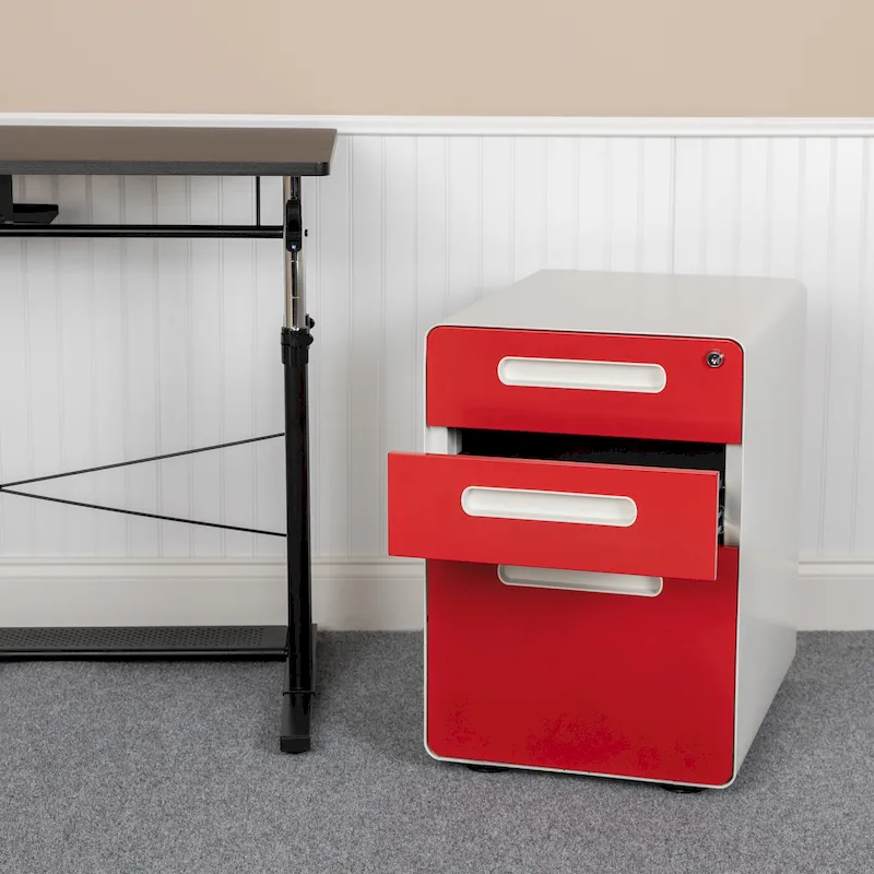 3-Drawer Mobile Locking Filing Cabinet with Casters White Red