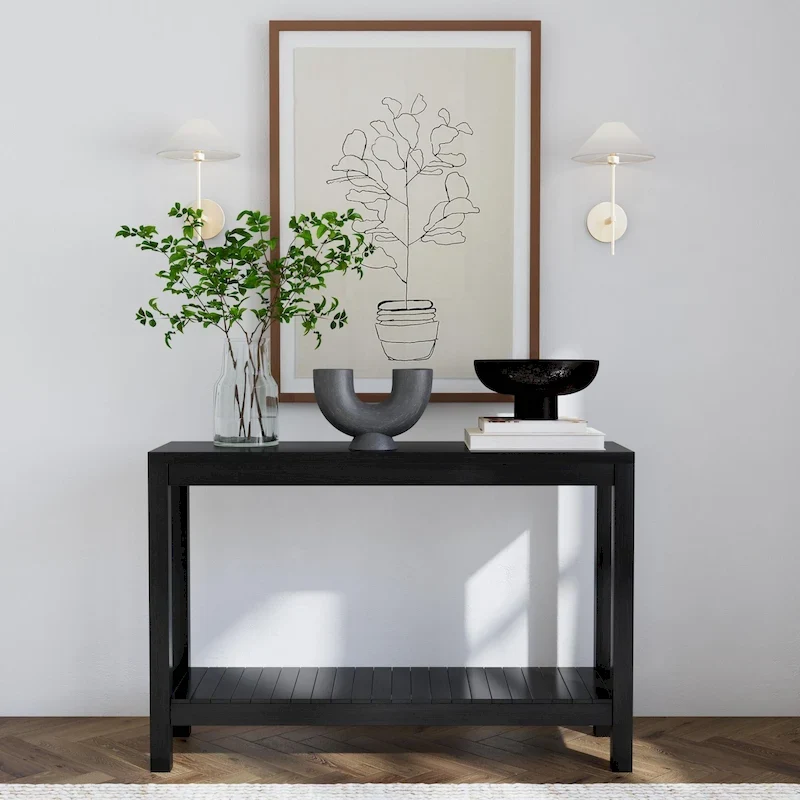 Black Solid Wood Console Table with Open Bottom Shelf, Modern Farmhouse Style