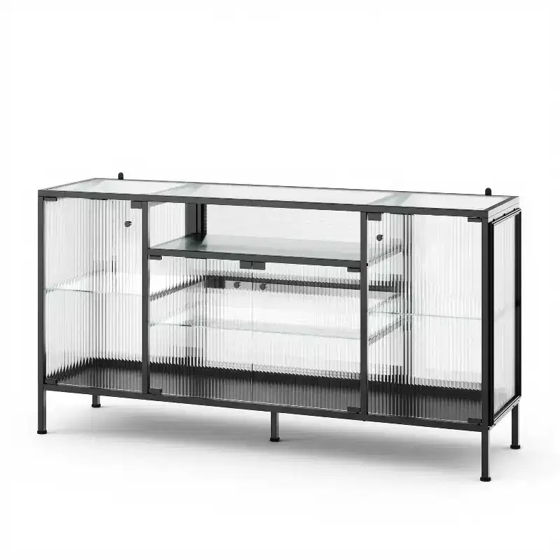 Homsee Modern Fluted Glass Kitchen Pantry Cabinet,3 LED Lights Display Cabinet,Sideboard Buffet Table,Elevate Kitchen or Dining Space Ambiance