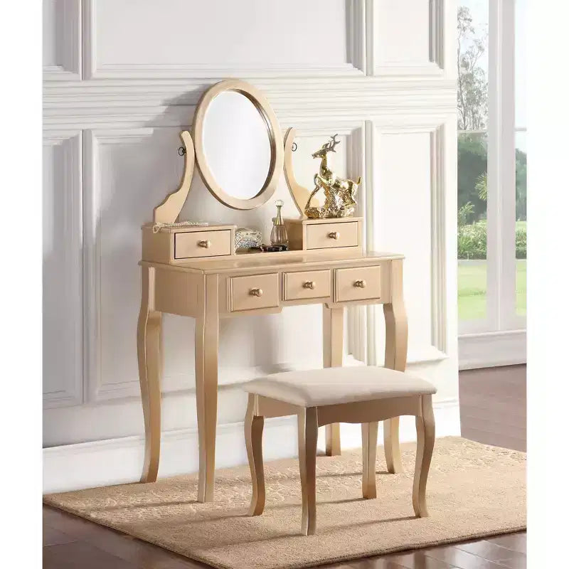 Roundhill Furniture Ashley Wood Makeup Vanity Table and Stool Set, Gold