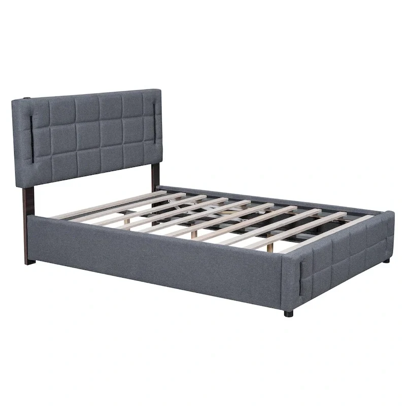 Gray / Beige Upholstered Platform Bed with LED Lights & Storage — Queen, 2-Person