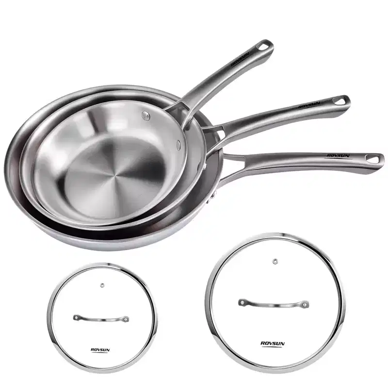 ROVSUN 8-10-12 Inch Stainless Steel Cookware Set, Tri-Ply Skillets Set with Lids,Chef's Pan, PFOA & PTFE Free Skillets, Dishwasher & Oven Safe
