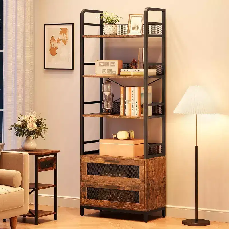 70.9" Industrial Bookshelf with Drawers, 4-Tier Rustic Bookcase for Living Room, Bedroom, Home Office, Brown