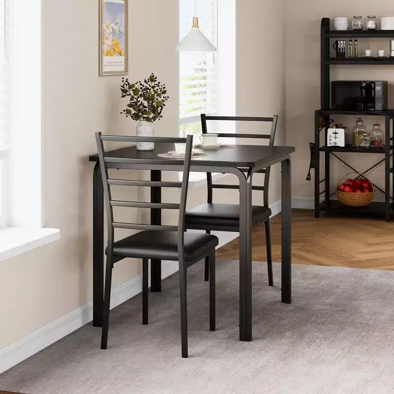 Dining Table for 2, Square kitchen Dinner Table Sets with 2 Upholstered Chairs, Space Saving Wood Modern Dinner Table , Dining Room Furniture