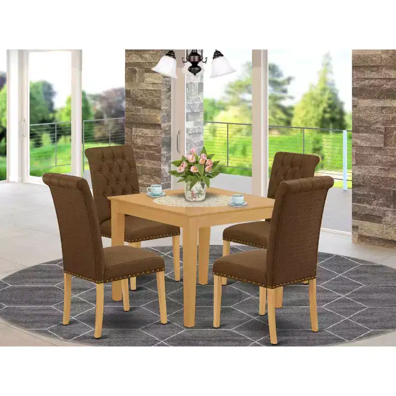 HomeStock 5-Pc Natural Oak Finish Solid Wood Top - Square Dining Room Set - Seats 4