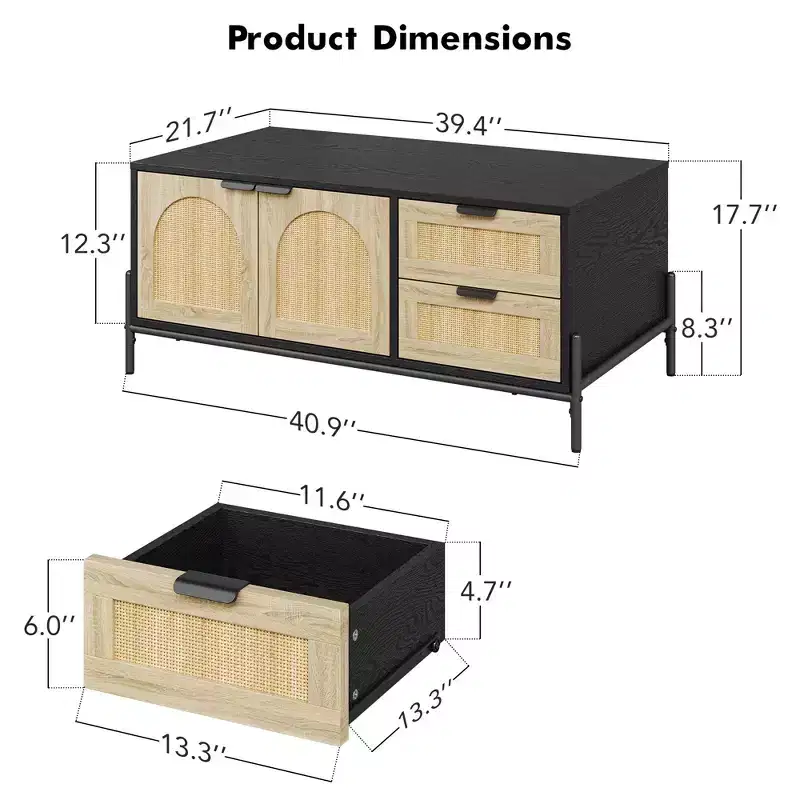 Coffee Table, 103,9 cm Modern Coffee Table with Storage - Rattan Accent Living Room Table 2 Drawers/Doors (Farmhouse/Metal Legs)