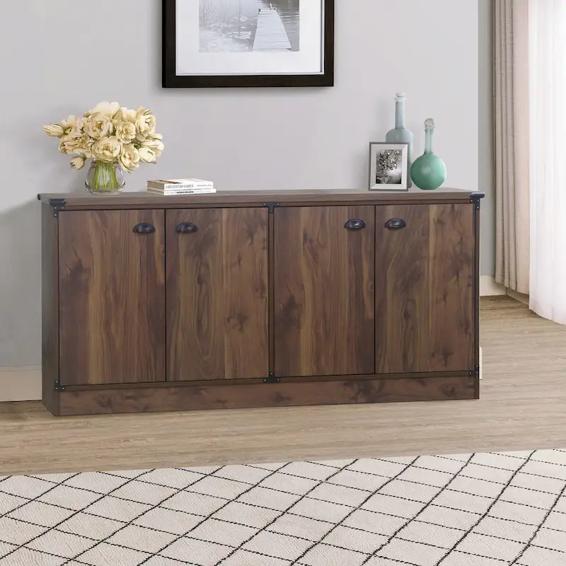 Contemporary Dark Walnut Wood Four-Door Credenza File Cabinet