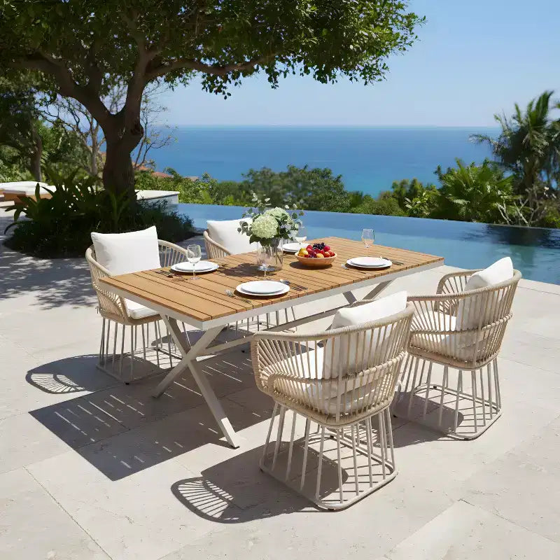 Christopher Knight Home David Patio Modern Steel 5-Piece Dining Set Wood-Top Table and 4 Woven Wicker Chairs