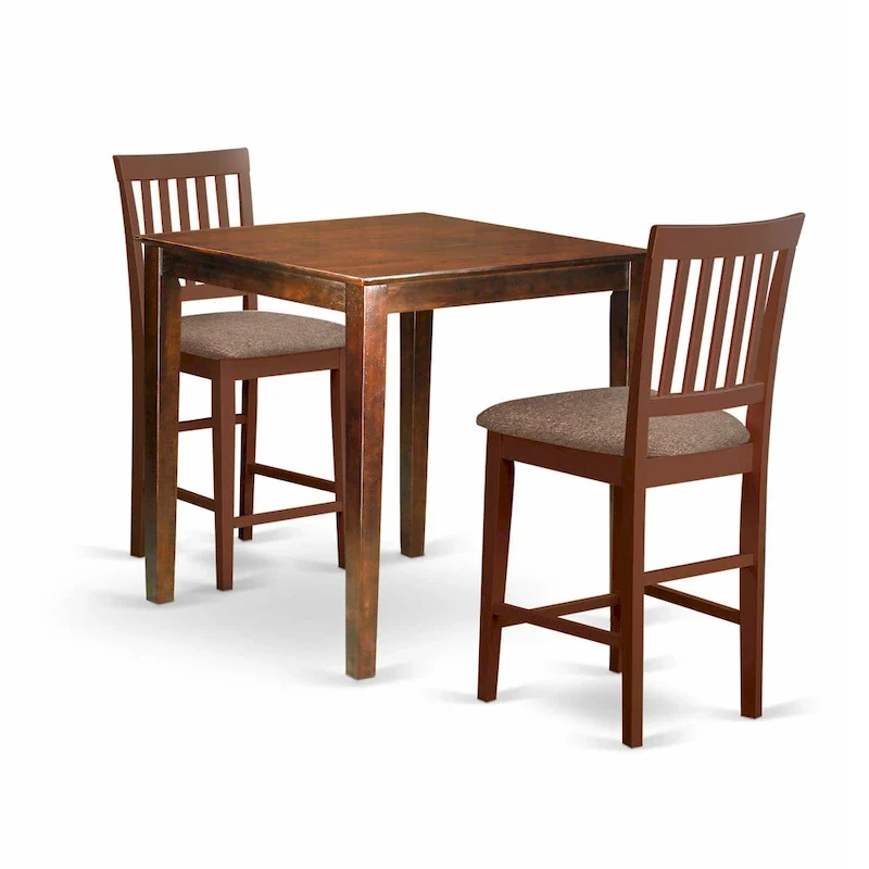 East West Furniture 3 Piece Counter Height Pub Set- a Square Dining Table and 2 Kitchen Chairs, Mahogany(Seat Type Options)