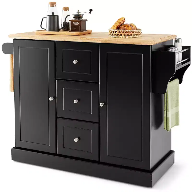 Black/White Rolling Kitchen Island Cart with 3 Drawers & 2 Cabinets, 1-Person Use