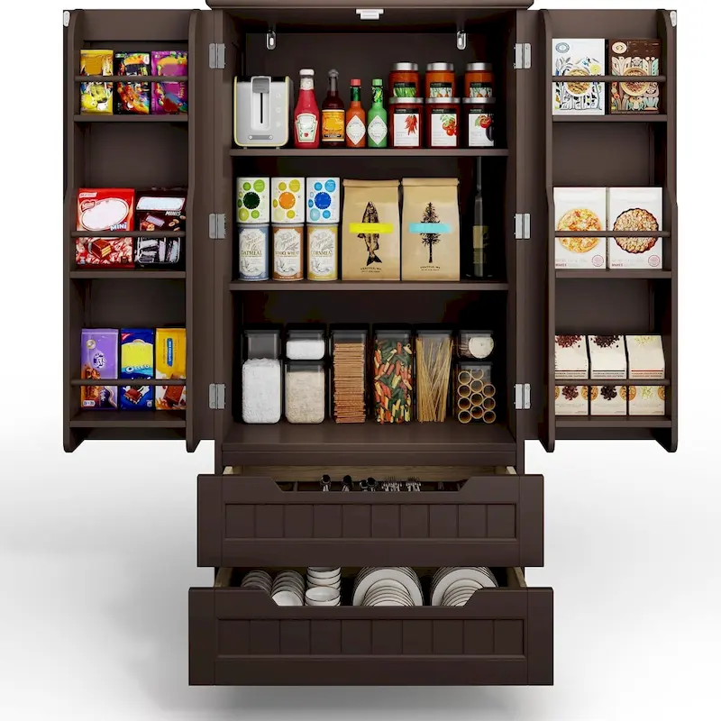 Kitchen Storage Pantry Cabinet, Freestanding Bathroom Storage Cabinet with 2 Doors and Drawers