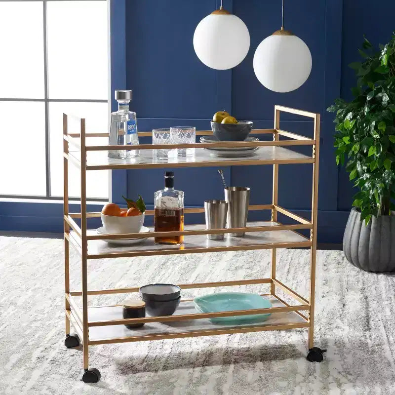 3-Tier Bar Serving Cart with Faux Marble Shelves and Casters