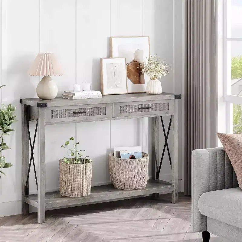 Farmhouse Entryway Table with 2 Drawers, Rataan Console Table for Entryway, Wooden Sofa Table for Living Room, Foyer, Hallway-Grey
