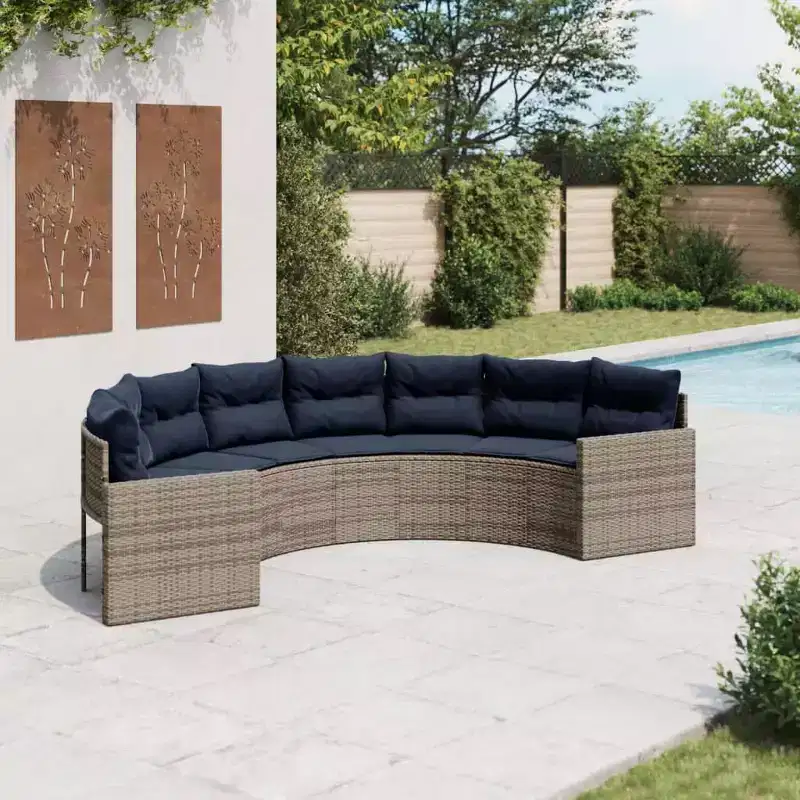 vidaXL Patio Sofa with Cushions Couch Furniture Half-Round Gray Poly Rattan - Without table