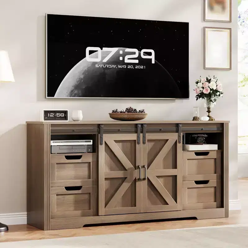 Modern TV Stand for TVs Up to 70'', 66 Entertainment Center with 4 Drawers and Sliding Barn Door, Wooden Media Console Table