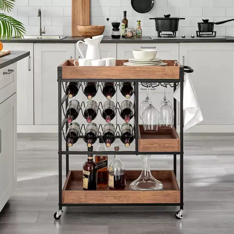 12 Bottle Rustic Walnut Wood and Metal Rolling Farmhouse Style Bar Cart Brown/Black - Danya B.