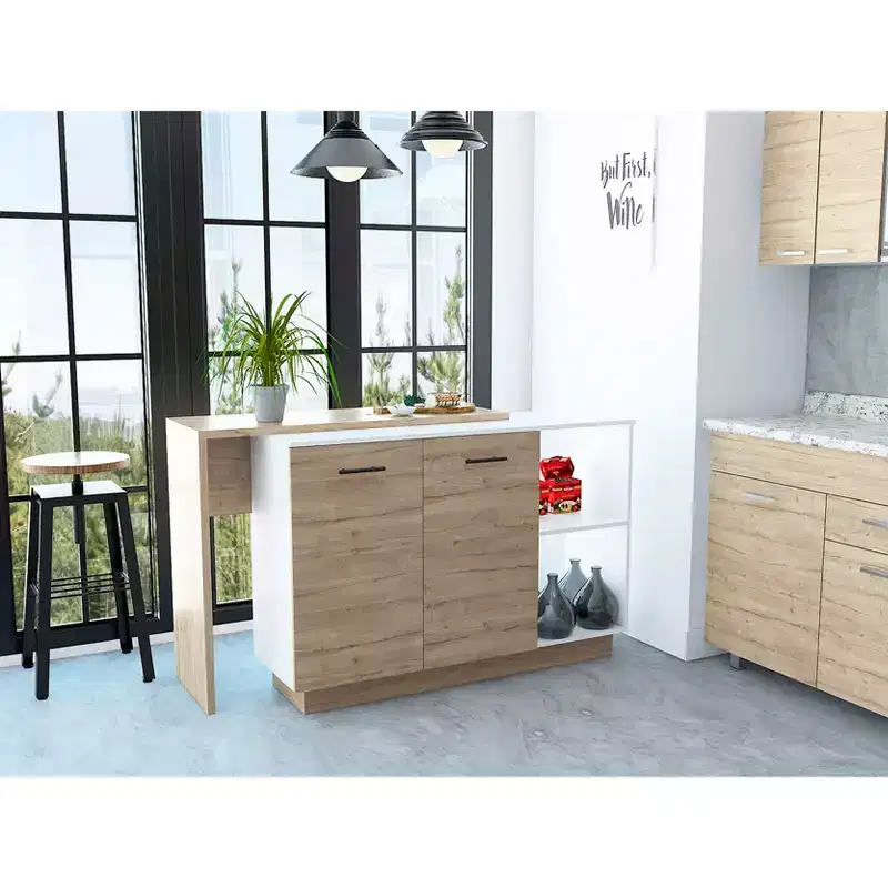 Okak Modern Kitchen Island with Unique Top Design, Kitchen Island Table with 2 Shelves, 1 Drawer and 3 Divisions, Countertop Organizer