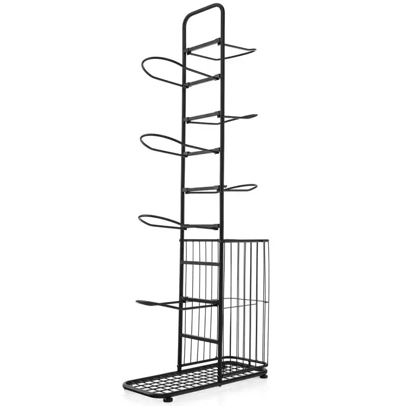 7-Tier Ball Organizer Rack Featuring 7 Detachable Hanging Rods Side Basket & Adjustable Feet for Garage Gym Home