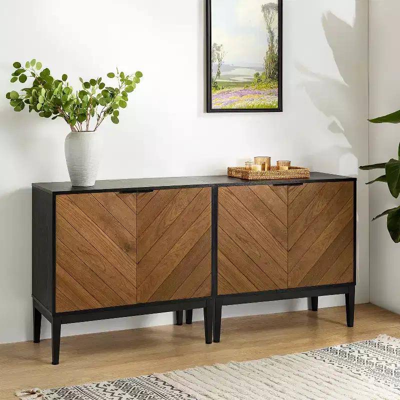 Set of 2 Jakob Modern Storage 32Tall+2-Door Accent Cabinet with Herringbone Element |Karat Home