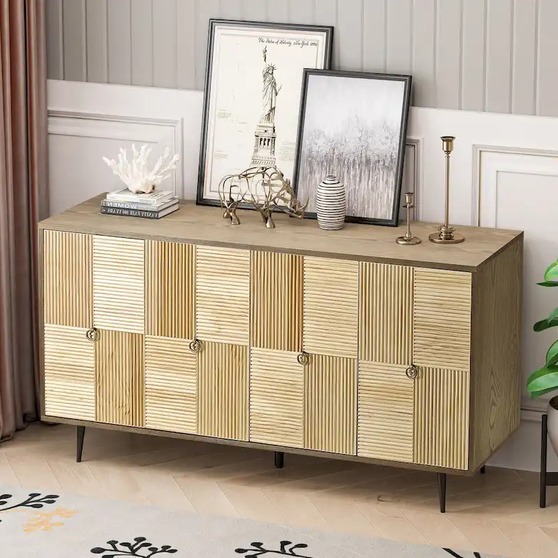 4-Door Storage Cabinet with Carved Wood Panels