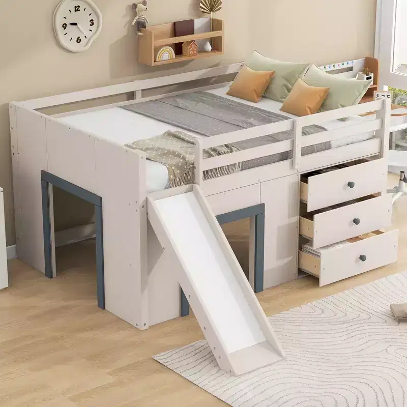 Full Size Low Loft Bed with Slide, Full Wood Loft Bed Frame with Storage Drawers and 2 Doors, Beige+Grey