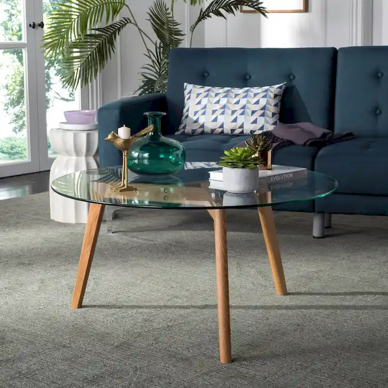 Mid-Century Round Clear Glass Top Coffee Table with Wood Legs